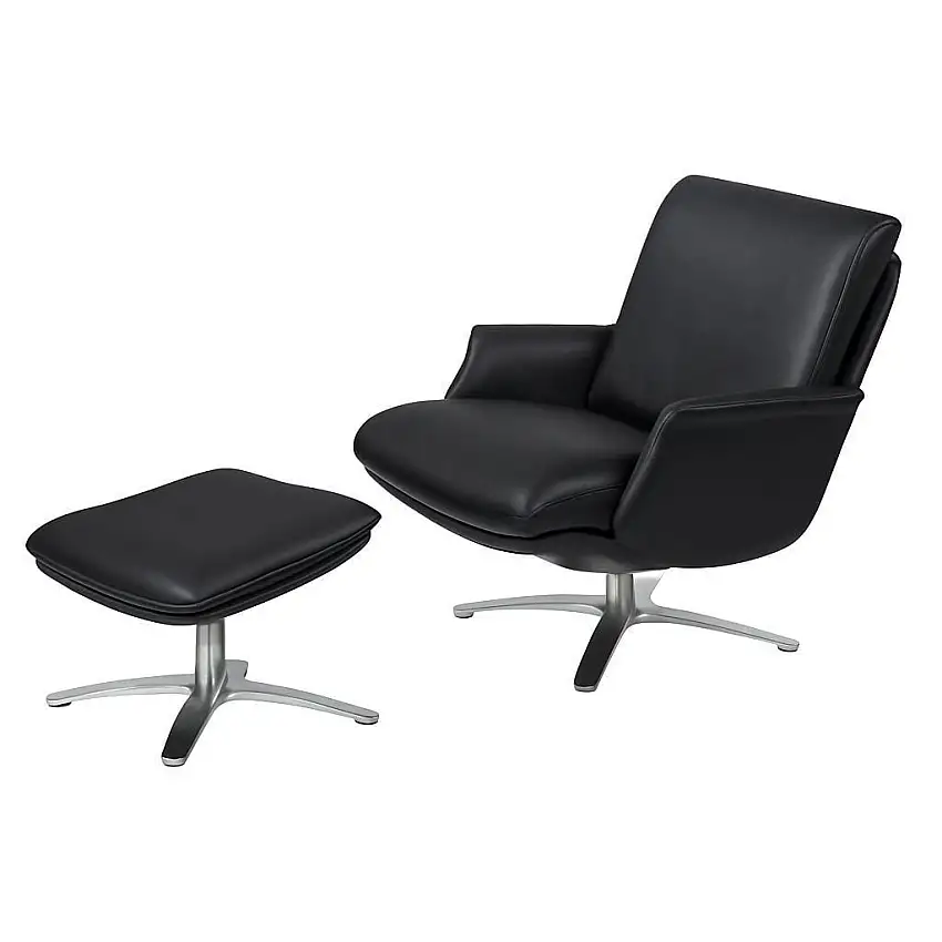 BERG Furniture Nasa Niedriger Sessel inkl. Hocker SH: 46 cm - Matt Aluminium/Berg Soft Black Leder