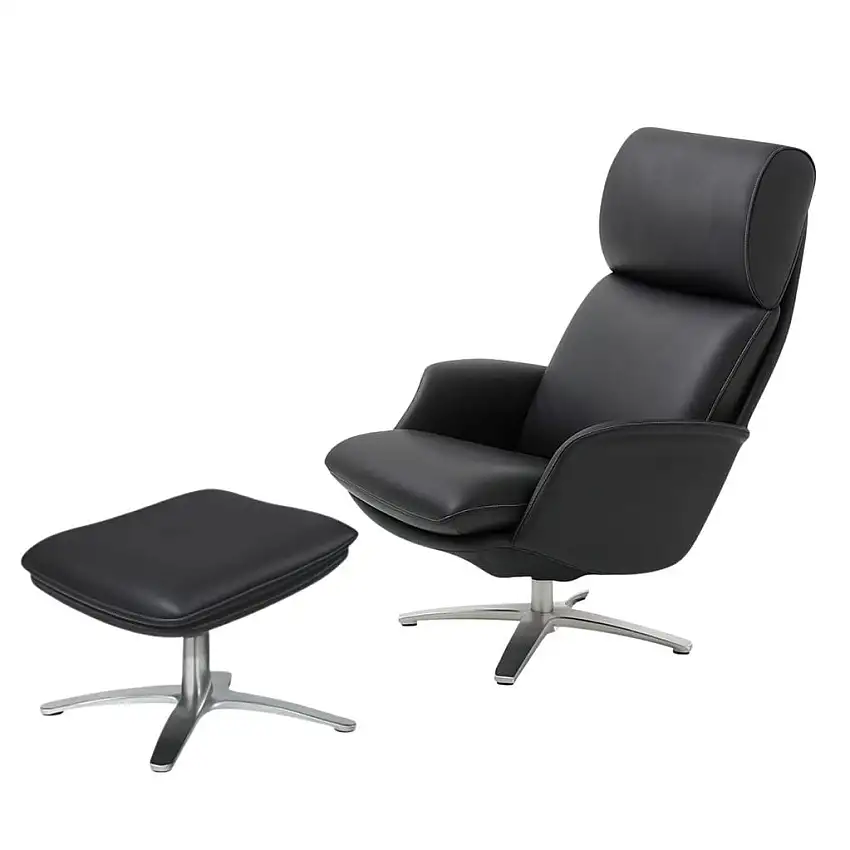 BERG Furniture Nasa High Sessel mit verstellbarem Nackenkissen inkl. Hocker SH: 46 cm - Matt Aluminium/Berg Soft Black Leder
