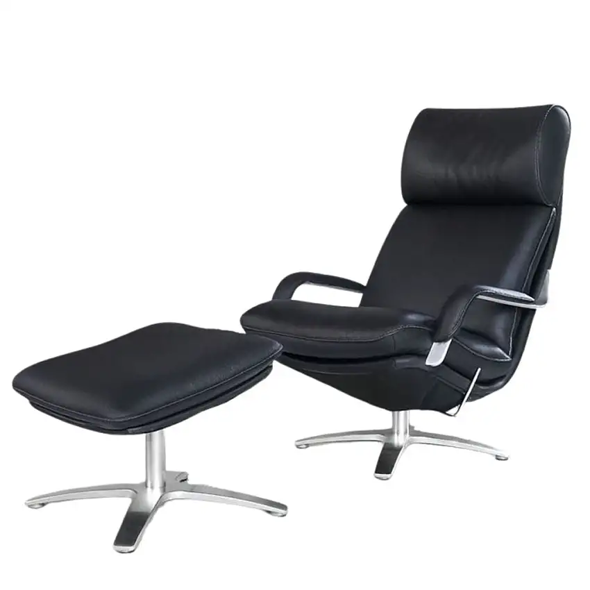 BERG Furniture Nasa High Open Arm Sessel mit verstellbarem Nackenkissen inkl. Hocker SH: 46 cm – Matt Aluminium/Berg Soft Black Leder