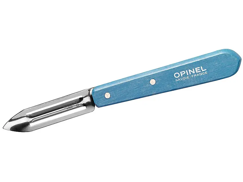 Opinel Schälmesser No. 115, rostfreier Sandvik-Stahl, für Rechts- und Linkshänder, hellblauer Buchenholzgriff