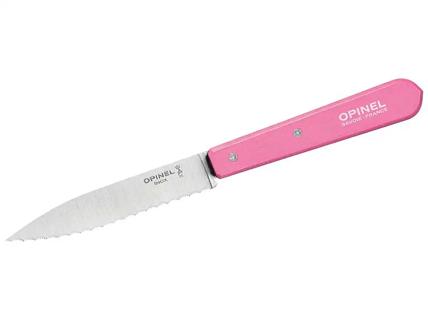 Opinel Küchenmesser No. 113, rostfreier Sandvik-Stahl, Sägezahnung, rosafarbener Buchenholzgriff