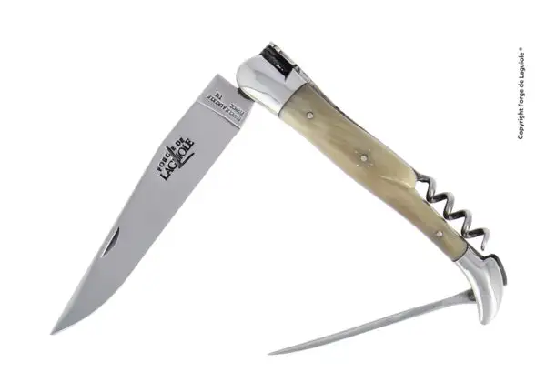 Couteau pliant avec tire-bouchon et poinçon en corne claire, mitres inox finition brillante