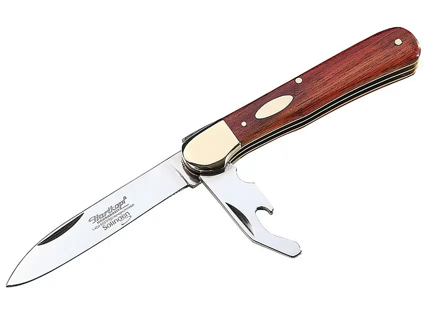 Hartkopf Federdrücker-Taschenmesser, Stahl 1.4034, rostfrei, Klingenarretierung, Rotholzschalen, Neusilberbacken