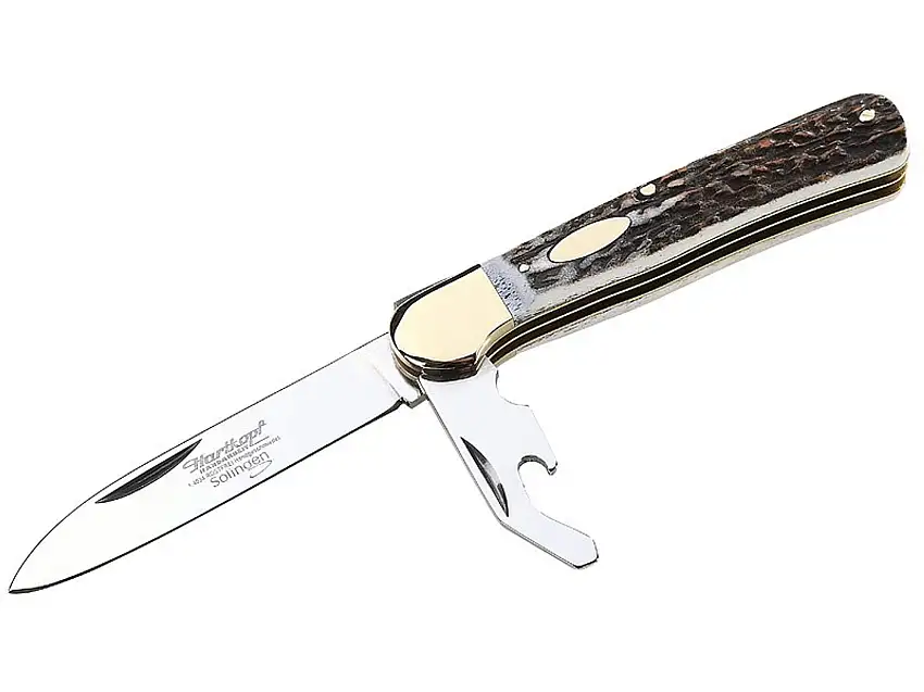 Hartkopf Federdrücker-Taschenmesser, Stahl 1.4034, rostfrei, Klingenarretierung, Hirschhornschalen, Neusilberbacken
