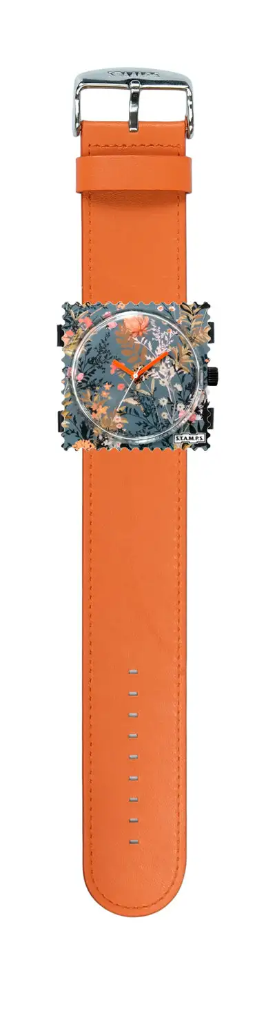 STAMPS Uhr komplett - Zifferblatt Autumn Flowers mit Lederarmband Orange