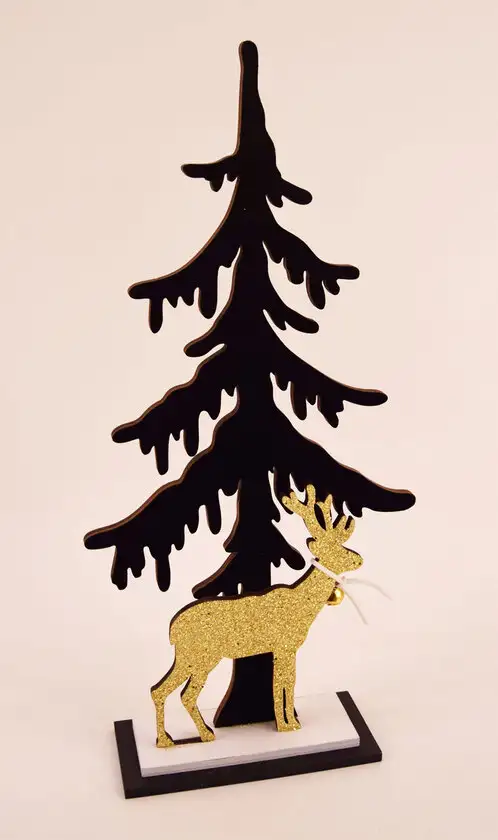 Weihnachten Deko Objekt Tannenbaum Rentier schwarz goldfarbig 15x6cm 33cm Holz