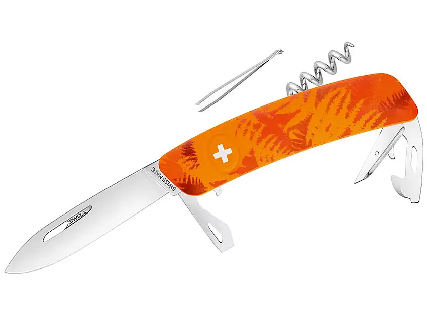 SWIZA Schweizer Messer D03, Stahl 440, Klingensperre, Anti-Rutsch-Griffschalen, Camo Farn Orange, 11 Funktionen