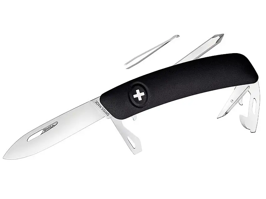 SWIZA Schweizer Messer D04, Stahl 440, Klingensperre, schwarze Anti-Rutsch-Griffschalen, 11 Funktionen
