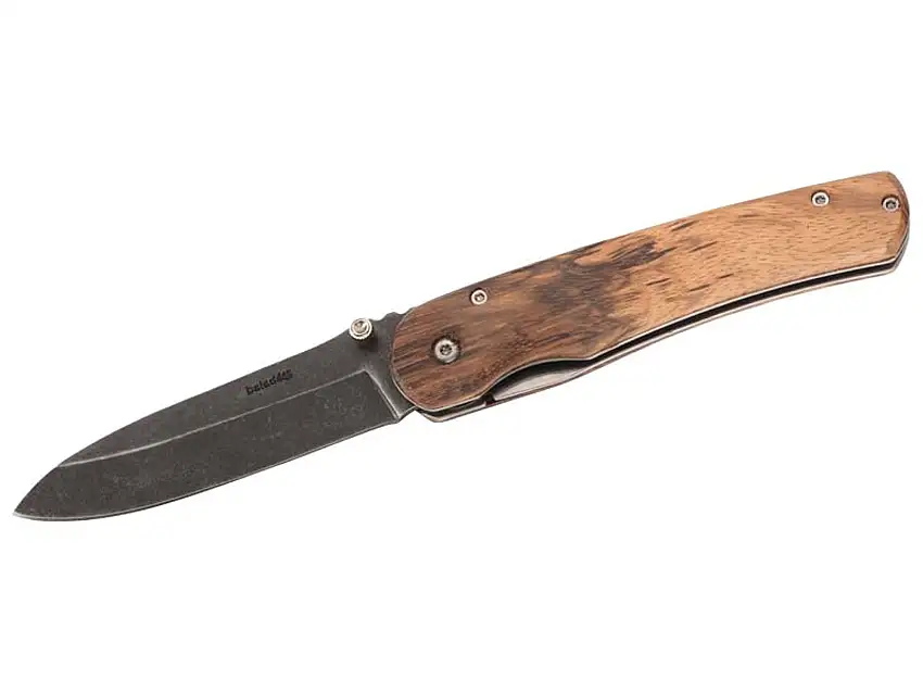 Baladeo Einhandmesser RIO NEGRO, Stahl AISI 420, Liner Lock, titanbeschichtet, Eschenholzschalen, Edelstahl-Gürtelclip