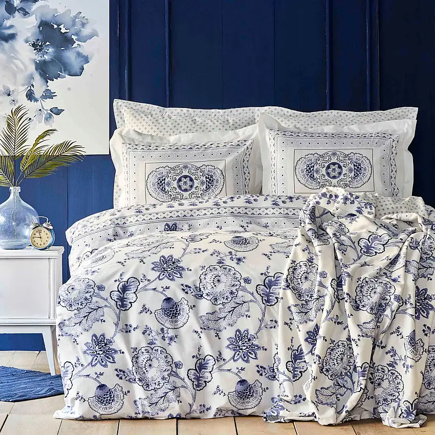 Karaca Home Amar Blau 100% Baumwolle Doppeltes Bettbezugs-Set
