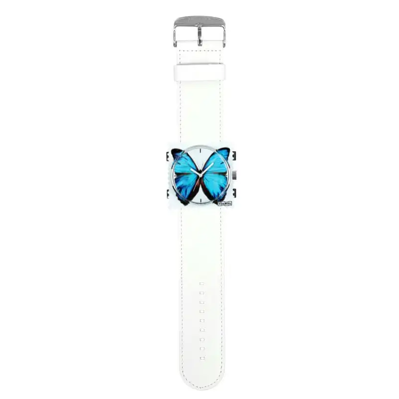 Stamps Damen Uhr KOMPLETT - Zifferblatt Blue Butterfly mit Lederarmband weiß