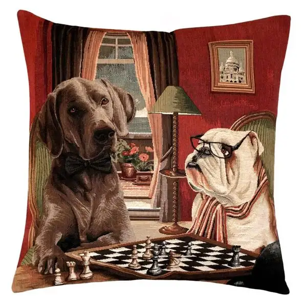 Kissenhülle Gobelin Hunde spielen Schach