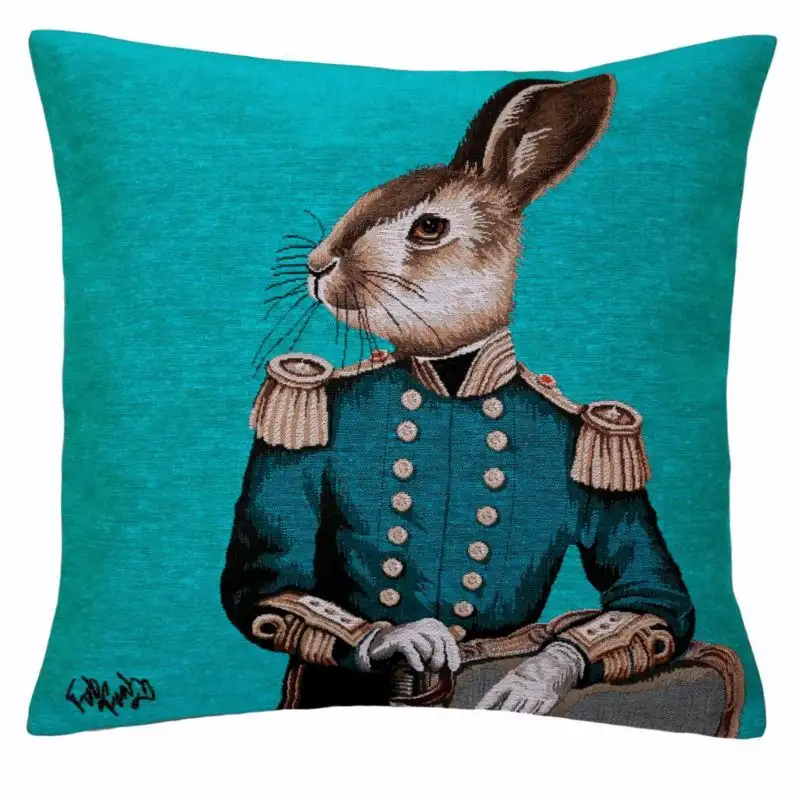 Kissenhülle Gobelin Hase in blauer Uniform
