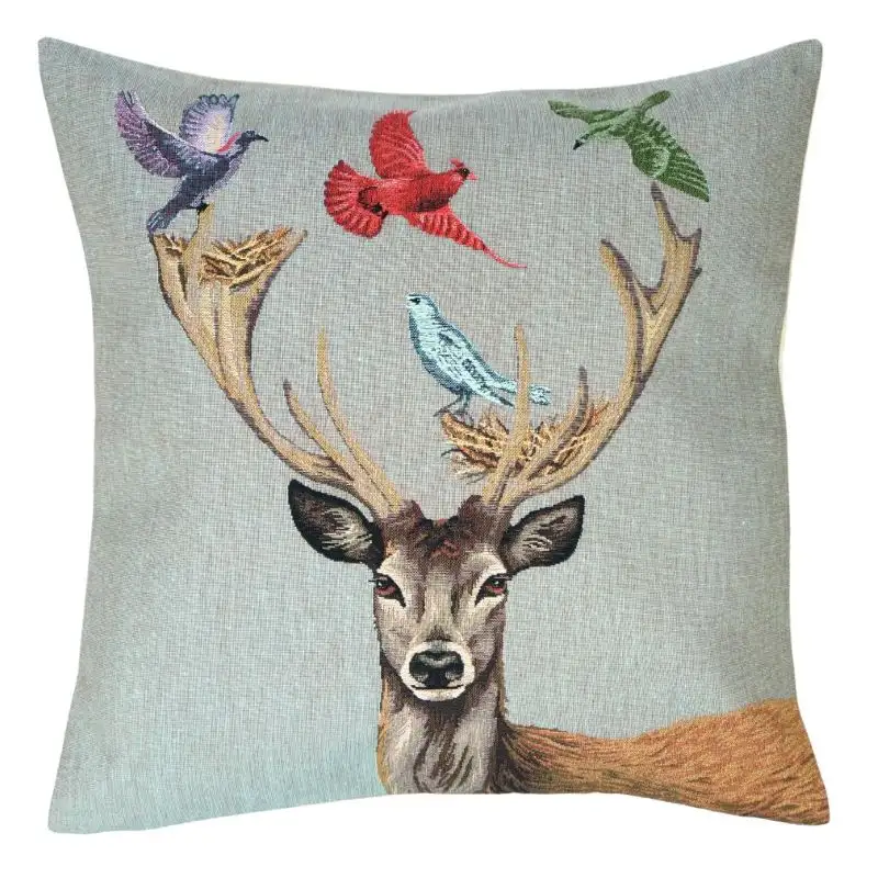 Kissenhülle Gobelin Hirsch mit Nestern & bunten Vögeln