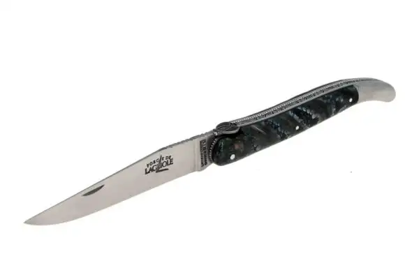 Massgeschneidertes Taschenmesser, aus blauen und braunem Mammutmolar mit Furnier - Stilisierte Biene