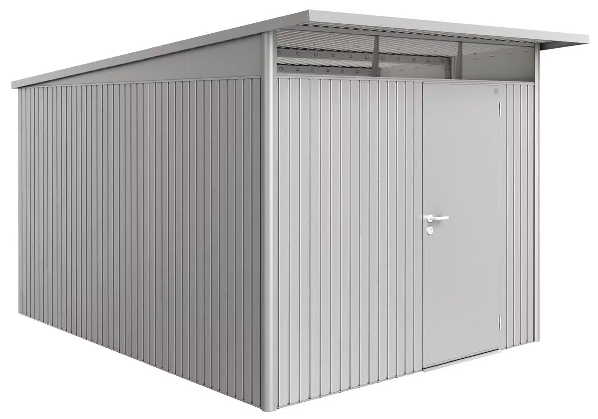 Biohort Gerätehaus AvantGarde, silber-metallic, Standardtür, 260 x 380 x 222 cm (Größe A8)