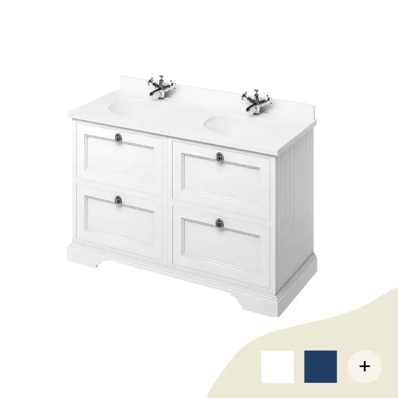 Doppel-Waschtisch Kommode Burlington 130 cm mit Schubladen, Minerva Weiß