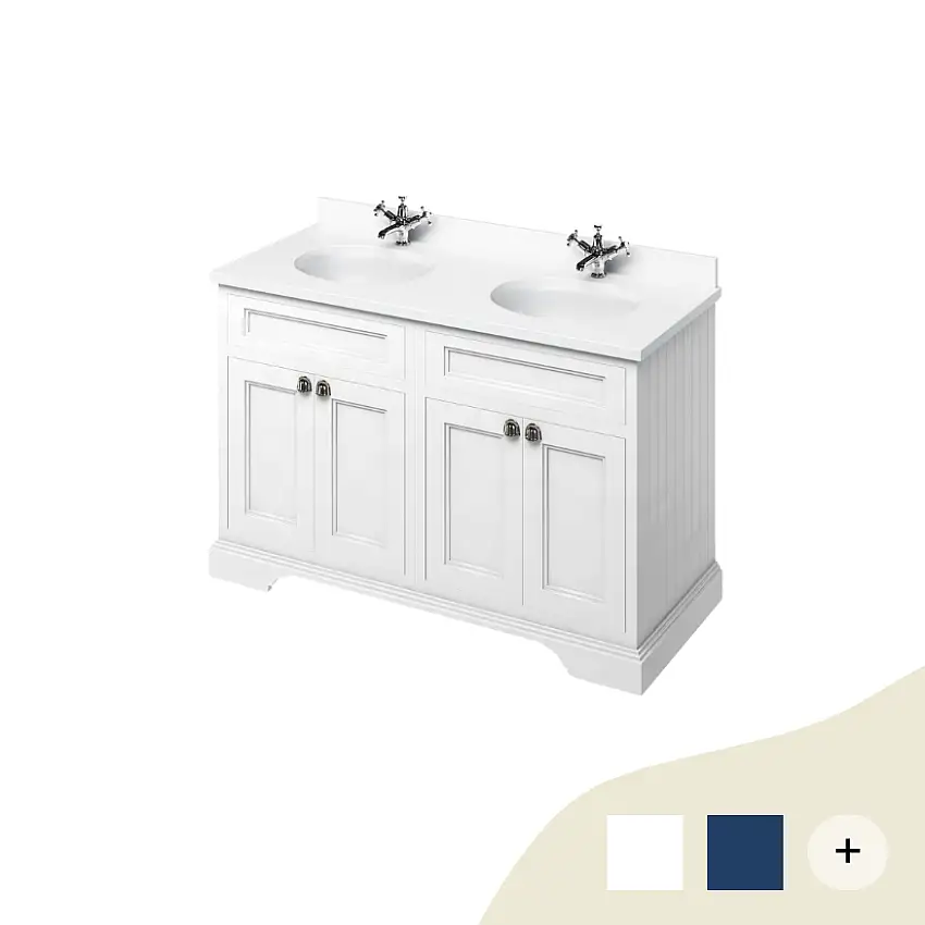 Doppel-Waschtisch Kommode Burlington 130 cm mit Türen, Minerva Weiß