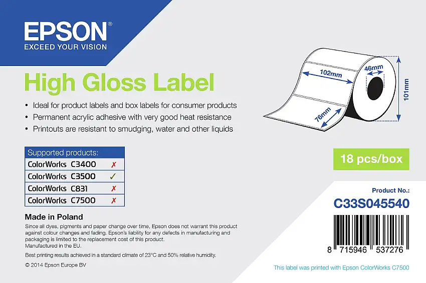 Epson Etikettenrolle, Normalpapier, 102x76mm, C33S045540
