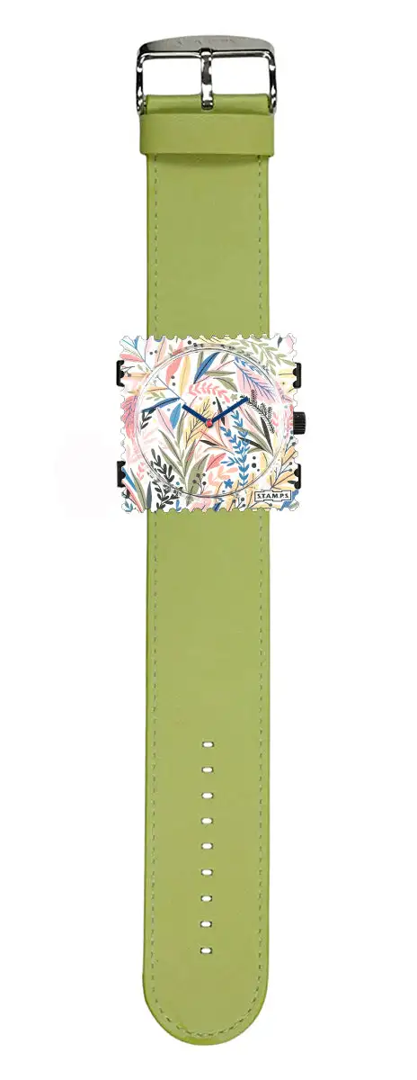 STAMPS Uhr komplett - Zifferblatt Pattern Fern mit Lederarmband Aloe