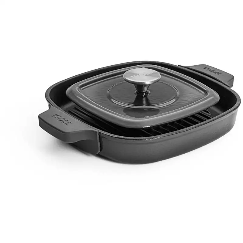 WOLL Steakpfanne 28x28cm Gusseisen Silikongriffschutz mit Steakpresse 628-2CI-030 Carbon Grey