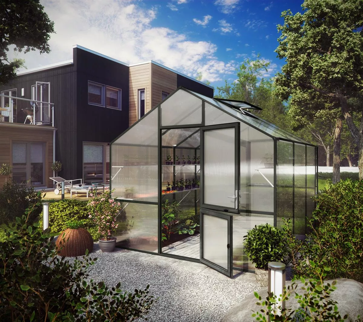 KGT Gewächshaus Lilie III anthrazit 2,97 x 3,23 m (9,6 m²) 10mm Polycarbonat UV-geschützt inkl. 1x Hängebord