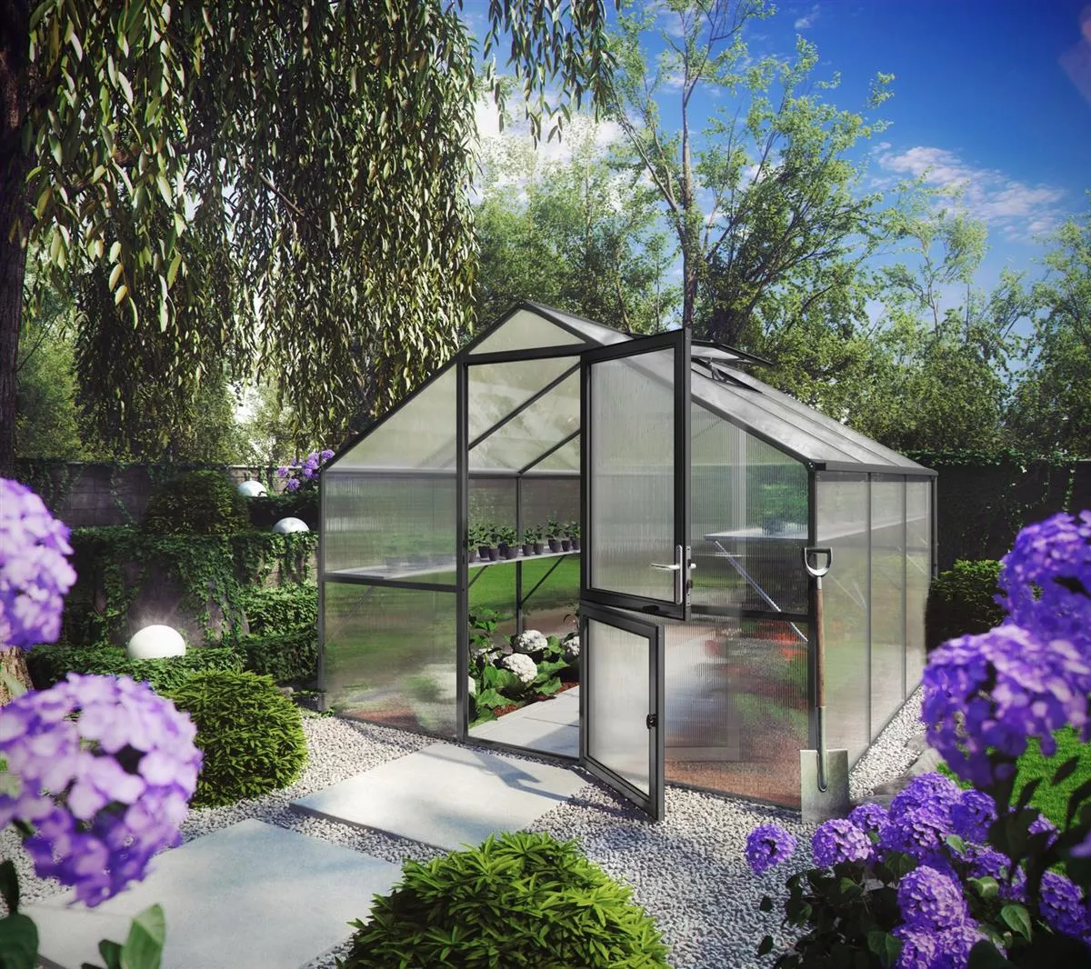 KGT Gewächshaus Orchidee III anthrazit 2,97 x 3,23 m (9,6 m²) 10mm Polycarbonat UV-geschützt inkl. 1x Hängebord