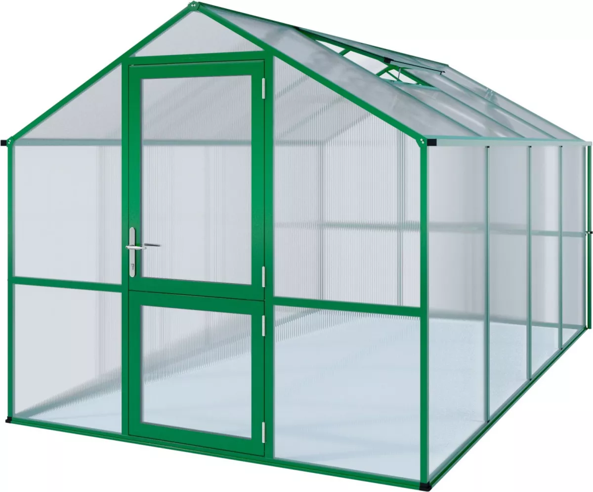 KGT Gewächshaus Rose IV moosgrün 2,33 x 4,29 m (10 m²) 10mm Polycarbonat UV-geschützt inkl. 1x Hängebord