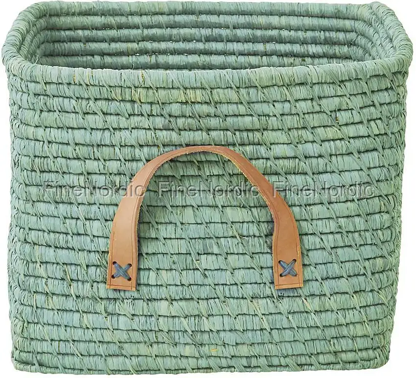 Rice Raffia Korb - Quadratisch - Ledergriffe - Mint - Klein