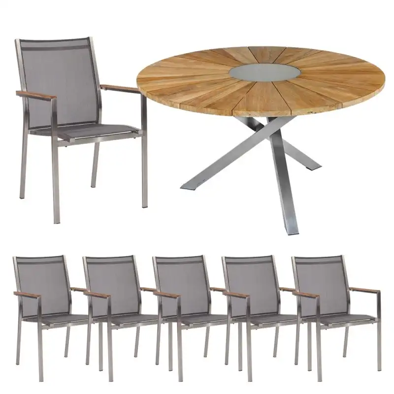 Zebra Tisch Oryx 135 cm mit 6 Stern Stapelsessel Cardiff, Edelstahl silbergrau und Teakarmlehnen